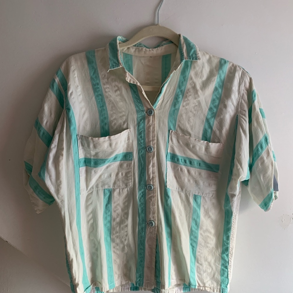 Vintage Striped Button-Up Shirt in White and Aquamarine Blue